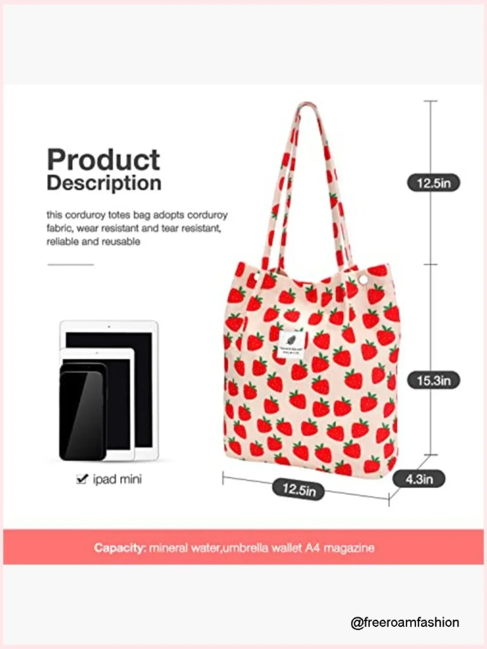 Large Capacity Corduroy Tote Bag with Pockets, Reusable Grocery Shoulder Bag